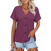 TICTICMISS Womens Summer Tops Short Sleeve Button Down Shirts Casual V Neck T Shirts Trendy Tunic Tops