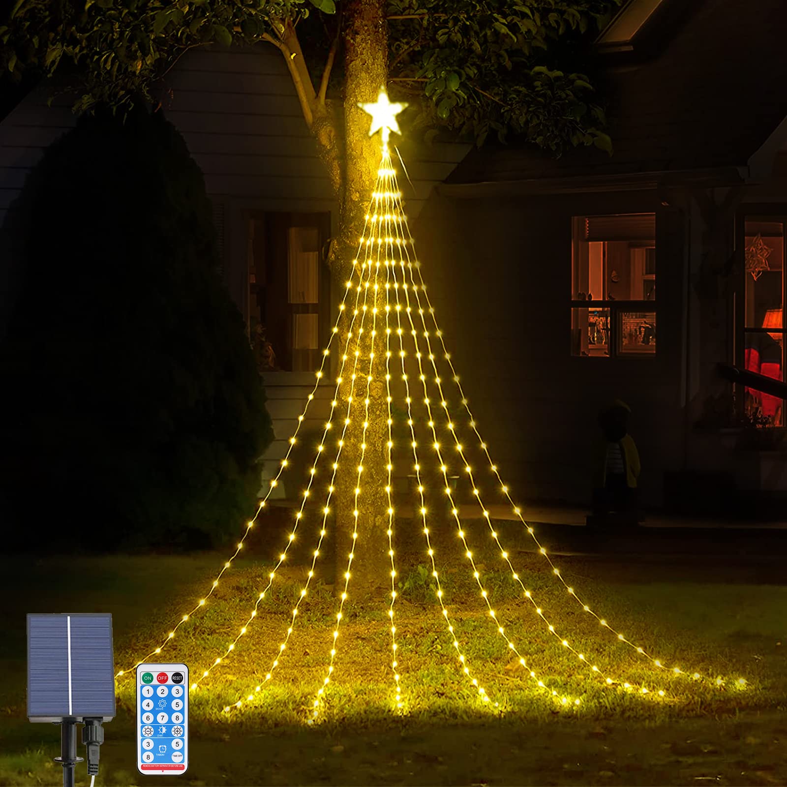 Solar Powered String Lights: Waterproof 2m/6.5ft x 9 Strand 8 Modes Waterfall Tree Lights with Remote, Ideal for Garden, Xmas, Parties, Wedding Decor