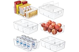 6 Pack Pantry Organizers and Storage,Clear Plastic Containers with 2 Dividers for Kitchen,Fridge Organization and Storage,Acr