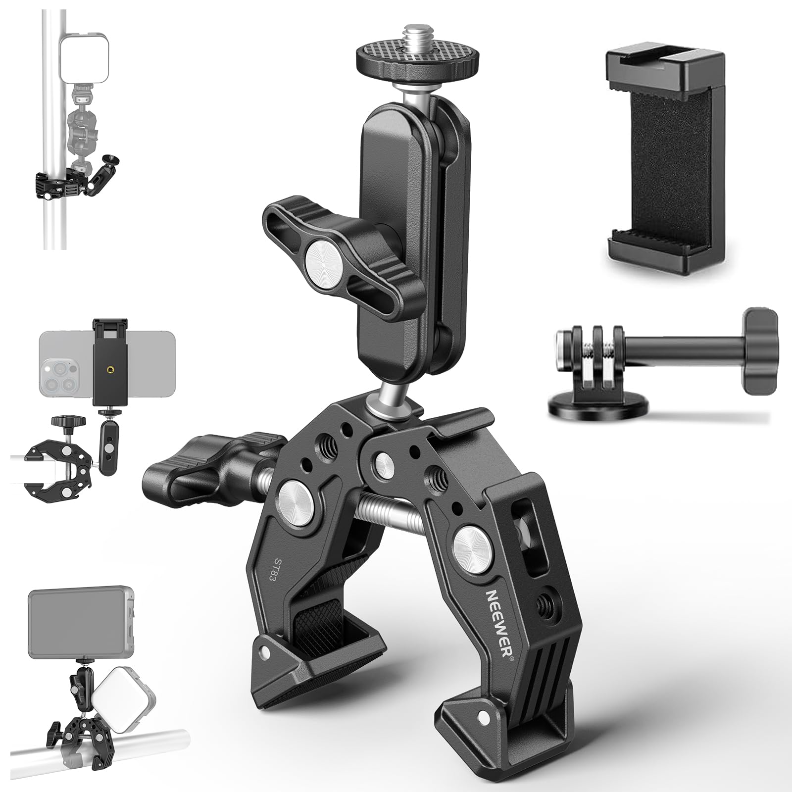 Photo 1 of NEEWER Super Clamp with 3" Dual Ballhead Magic Arm, Cold Shoe, 1/4" Threads, Phone/Action Camera Mount Adapter for Desk Tripod Tube Crossbar Gimbal Rods Compatible with SmallRig GoPro DJI, ST83