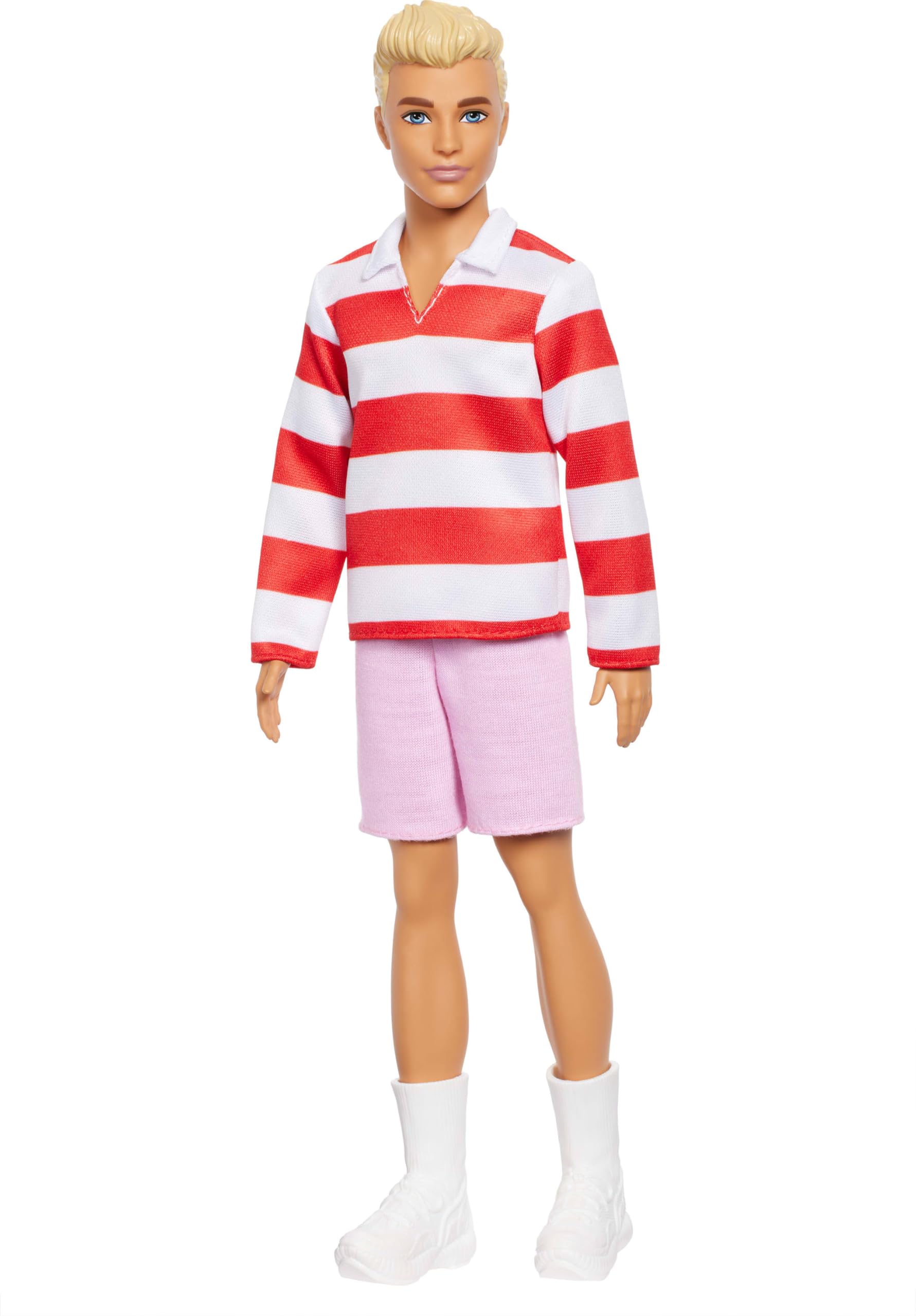 Barbie Fashionistas Ken Doll #241 with Blonde Hair Wearing Red and White Striped Polo Shirt with Pink Shorts, White Crew Socks and Sneakers