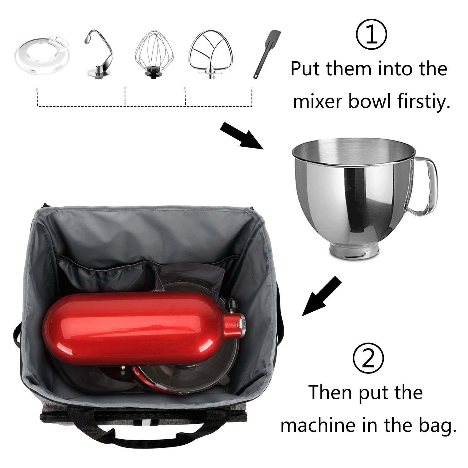 BAGLHER Heavy Duty Kitchen Mixer Cover for 6-8 Quart Stand Mixers, 2-in-1 Shoulder & Hand Carrying Case with Accessory Pockets (15”x10.5”x17”, Grey)