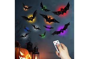 SoulBay 48pcs Halloween Decor Bats Wall Stickers - 12pcs Small LED Tea Lights with Remote Timer, 10 Sizes 3D Lighted Realistic Thickened PET Bat Sticker for Indoor Home Window Party Supplies