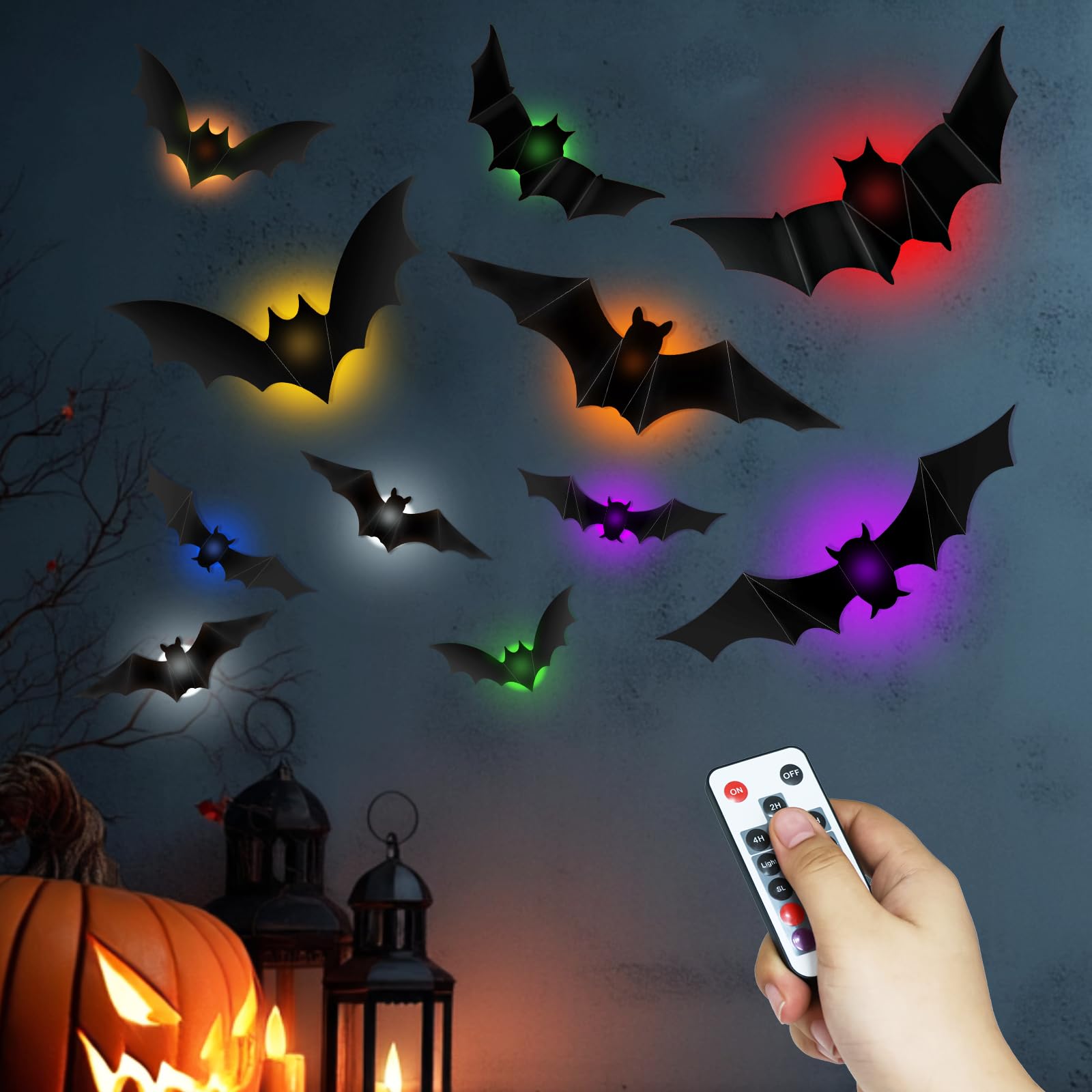 Photo 1 of SoulBay 48pcs Halloween Decor Bats Wall Stickers - 12pcs Small LED Tea Lights with Remote Timer, 10 Sizes 3D Lighted Realistic Thickened PET Bat Sticker for Indoor Home Window Party Supplies