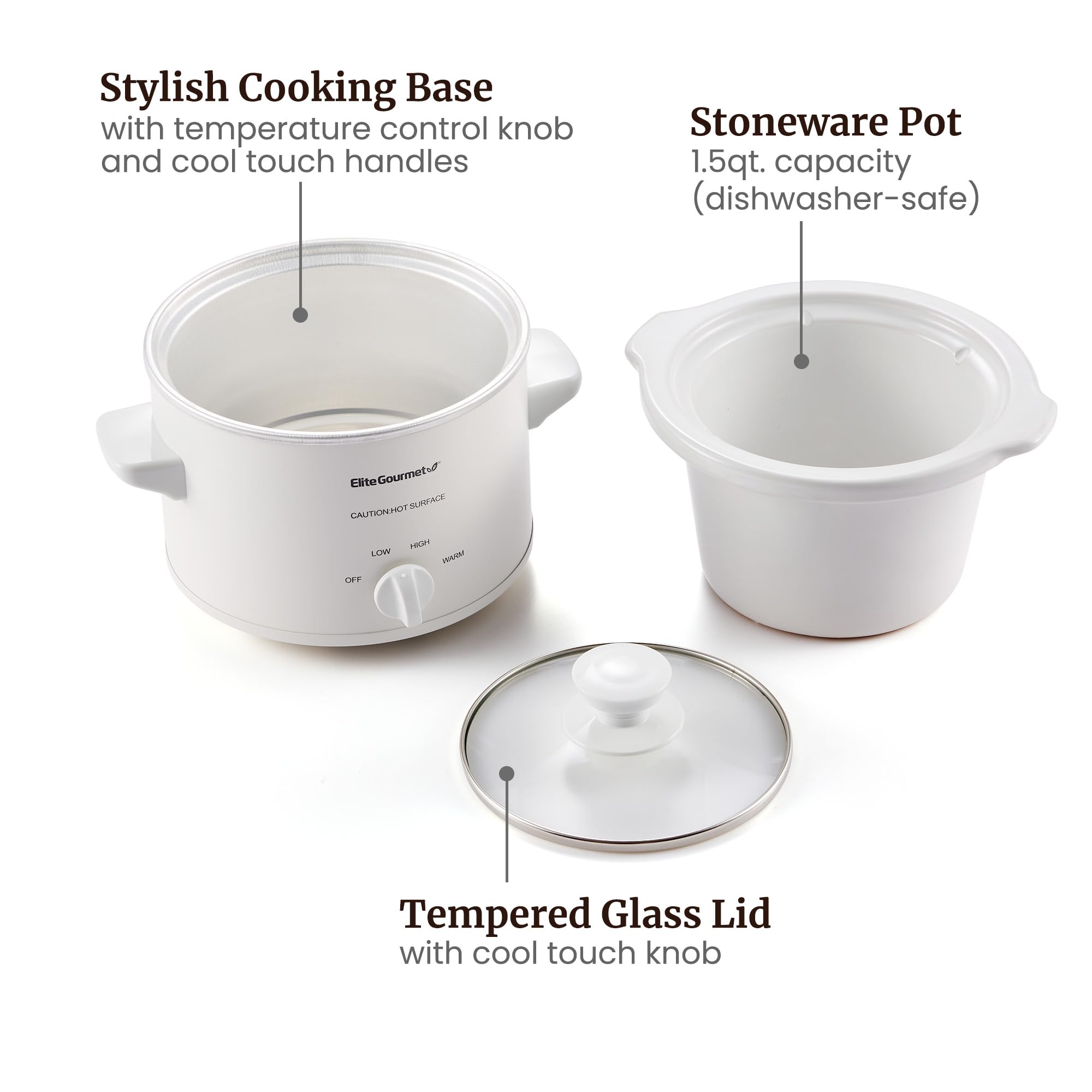 Elite Gourmet MST-250XW# Electric Slow Cooker Ceramic Pot, with Adjustable Temp, Entrees, Sauces, Soups, Roasts, Stews & Dips, Dishwasher Safe (1.5 Quart, White)