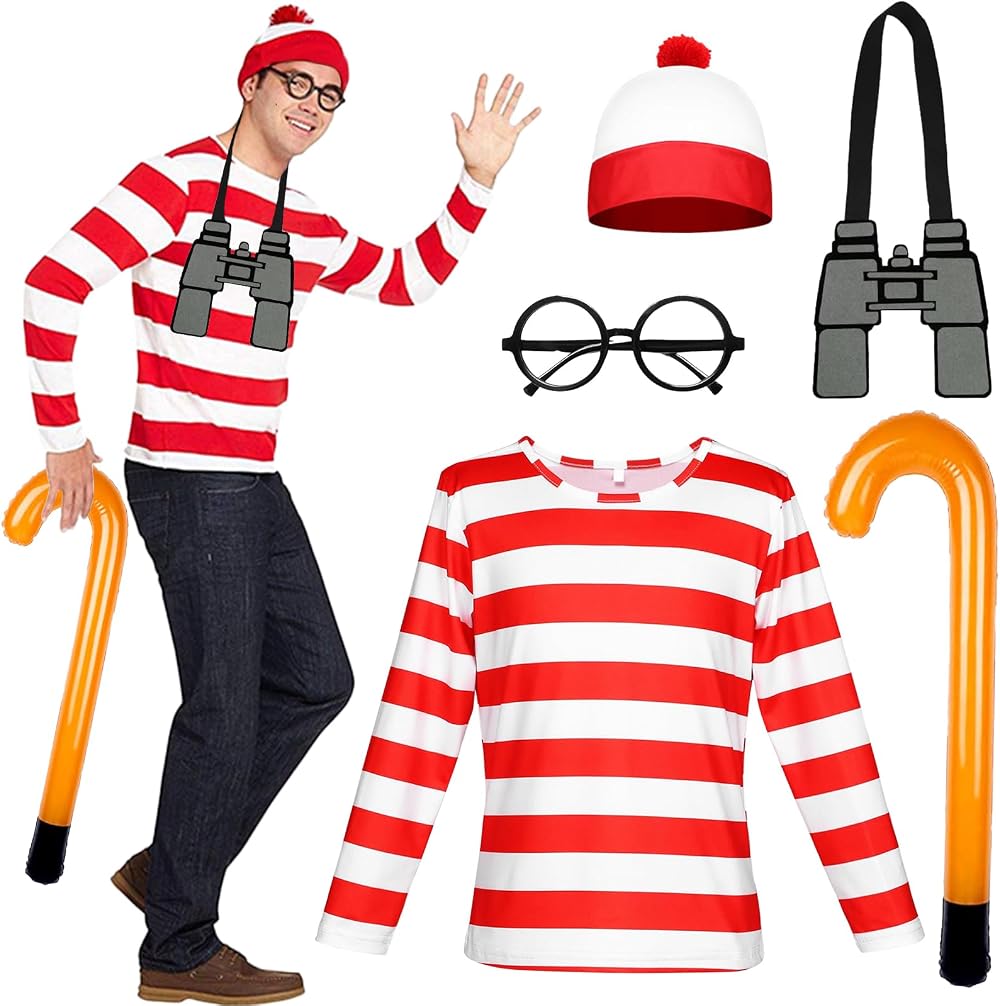 Glirop Wally Costume Outfit Set Adult M Red White Stripe T-Shirt Beanie Glasses