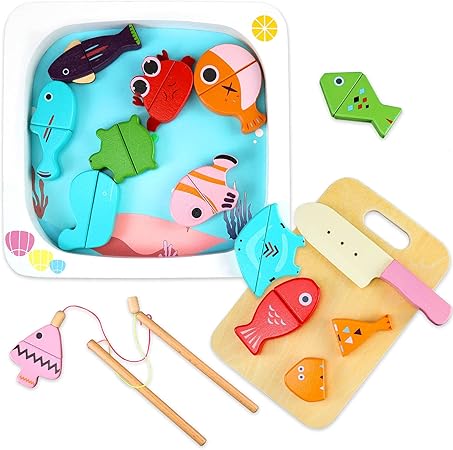 Amazon Corper Toys 木製 釣りおもちゃ お釣り 魚おもちゃ マグネット式 2in1 魚釣りゲーム 磁気釣り まな板 包丁 キッチンごっこ遊び 料理 おままごと 指先訓練 色認識 女の子 男の子 かわいい クリスマス おもちゃ セット おもちゃ
