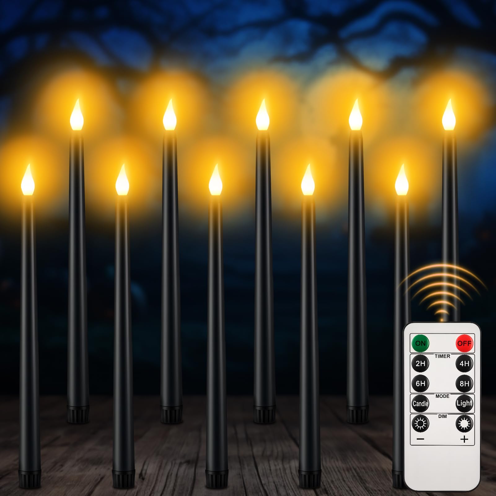 Photo 1 of YUNVI 10 Pcs Halloween Flameless Taper Candles with Timer,Battery Operated Black LED Taper Candle,3D Wick Flickering Flame Fake Candles for Halloween Decor