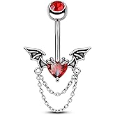 CM Crareesi Mania Halloween Belly Button Ring 316L Stainless Steel Belly Rings Double Chain 14G 10mm Bat Belly Piercing Jewelry Red CZ Navel Rings Heart Navel Piercing