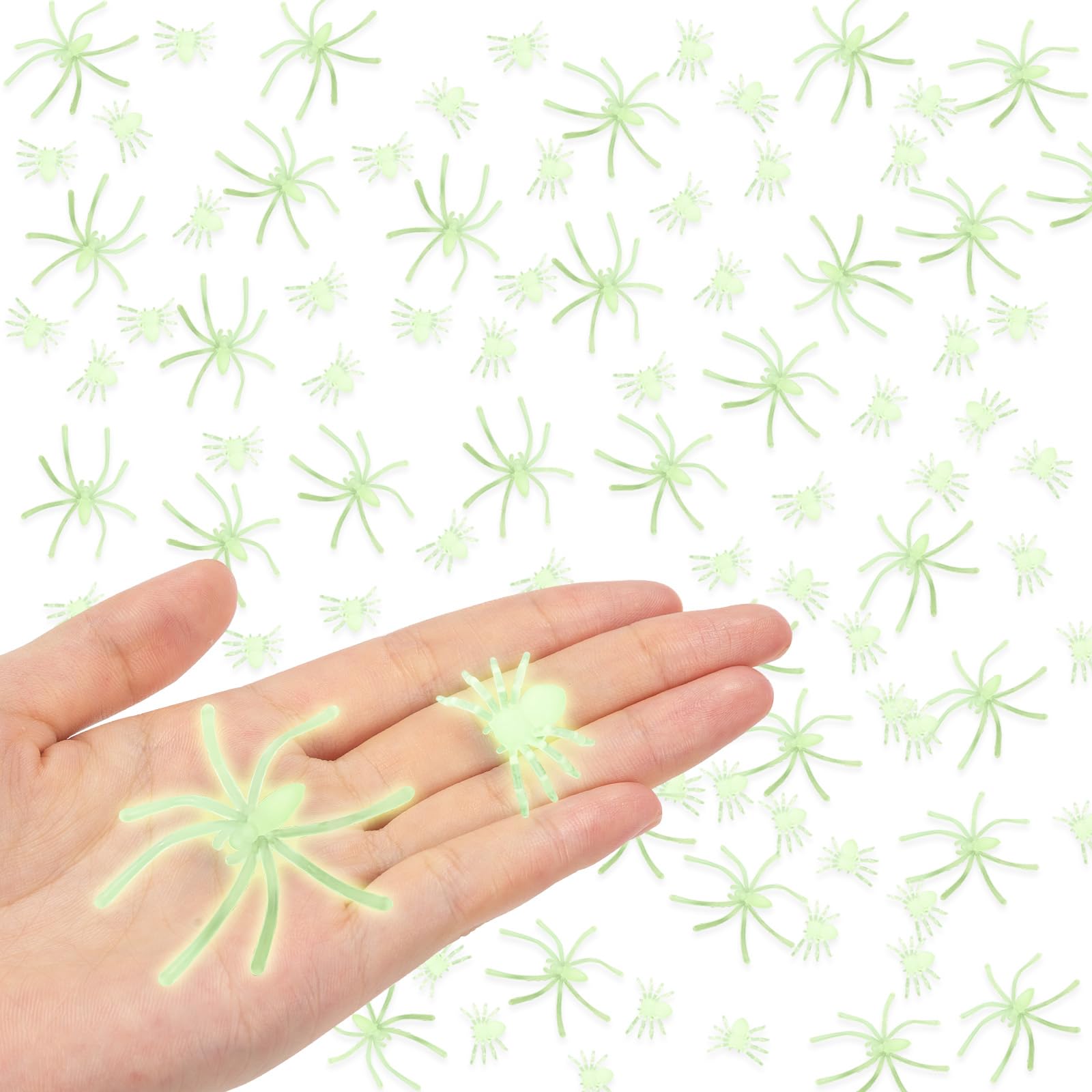 Photo 1 of 100Pcs Plastic Spider, 2 Sizes Glowing Fake Spider Toys Prank Props Halloween Party Decorations Realistic Funny Small Tiny Halloween Decor Home Green Supplies
