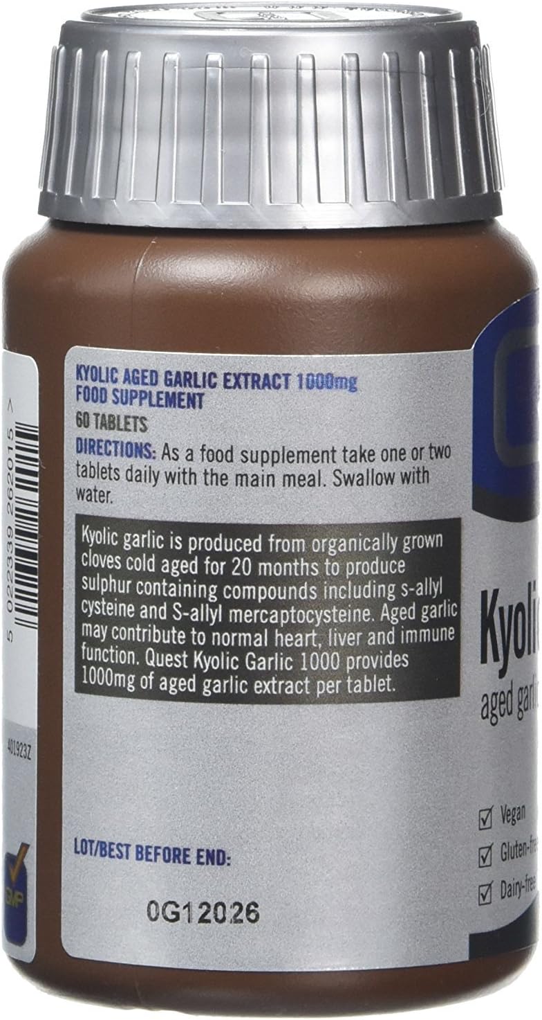 Quest, 60x Kyolic Garlic Tablets. High Strength 1000mg: Odourless Aged Garlic Extract for Heart Immune - Image 3