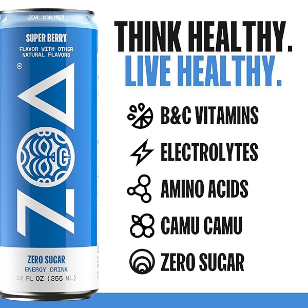 ZOA ZERO SUGAR ENERGY DRINKS – SUPER BERRY | HEALTHY ENERGY FORMULA WITH NATURAL CAFFEINE, DAILY VITAMIN C, ESSENTIAL B-VITAMINS | GLUTEN-FREE, KETO FRIENDLY | 12 OUNCE CANS (PACK OF 12)