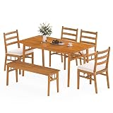 Tangkula 6 Pieces Patio Acacia Wood Dining Set, Outdoor Rectangular Table with 1.97” Umbrella Hole, Bench and Cushioned Chairs for 6, for Deck, Yard and Poolside