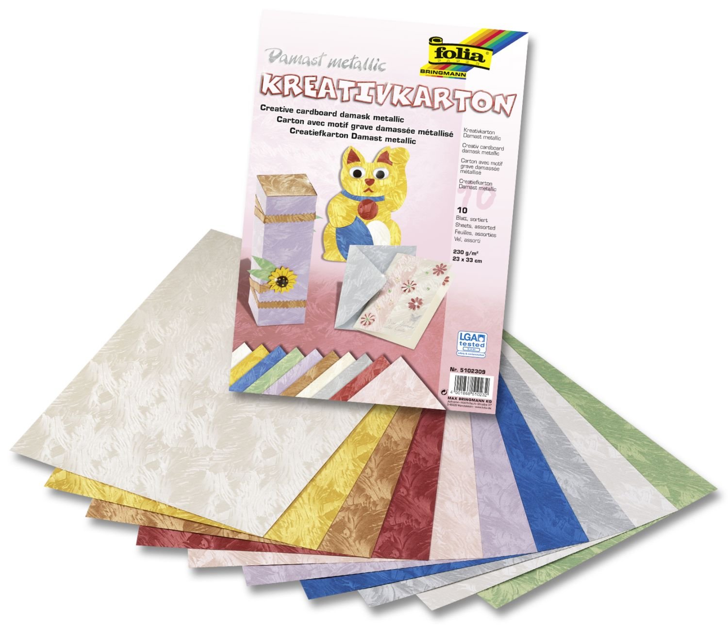 Glorex GmbH Folia 5102309 - Creative Cardboard Damast Metallic 230g/m², 23 x 33 cm, 10 Sheets, Assorted Colours