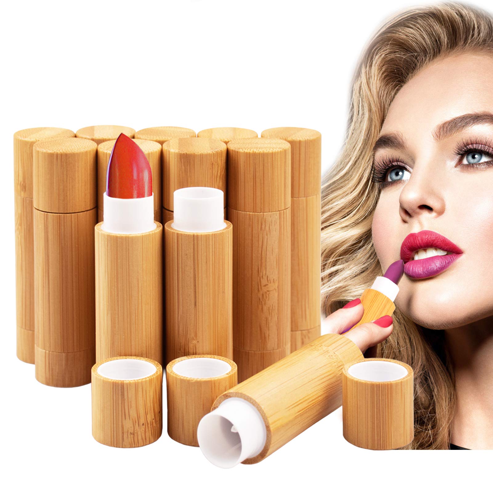 12Pcs Bamboo Empty Lipstick Tubes, MERYSAN 5.5g Refillable DIY Lip Balm Tube Containers, Cosmetic Lipstick Lip Gloss Deodorant Case Holder For Women Girls Makeup