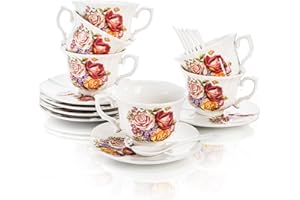 Pumtus 6 Pack Porcelain Tea Cups and Saucer Set, 8 OZ Floral Ceramic Teacups with Spoon, Vintage Luxury British Coffee Cup, C
