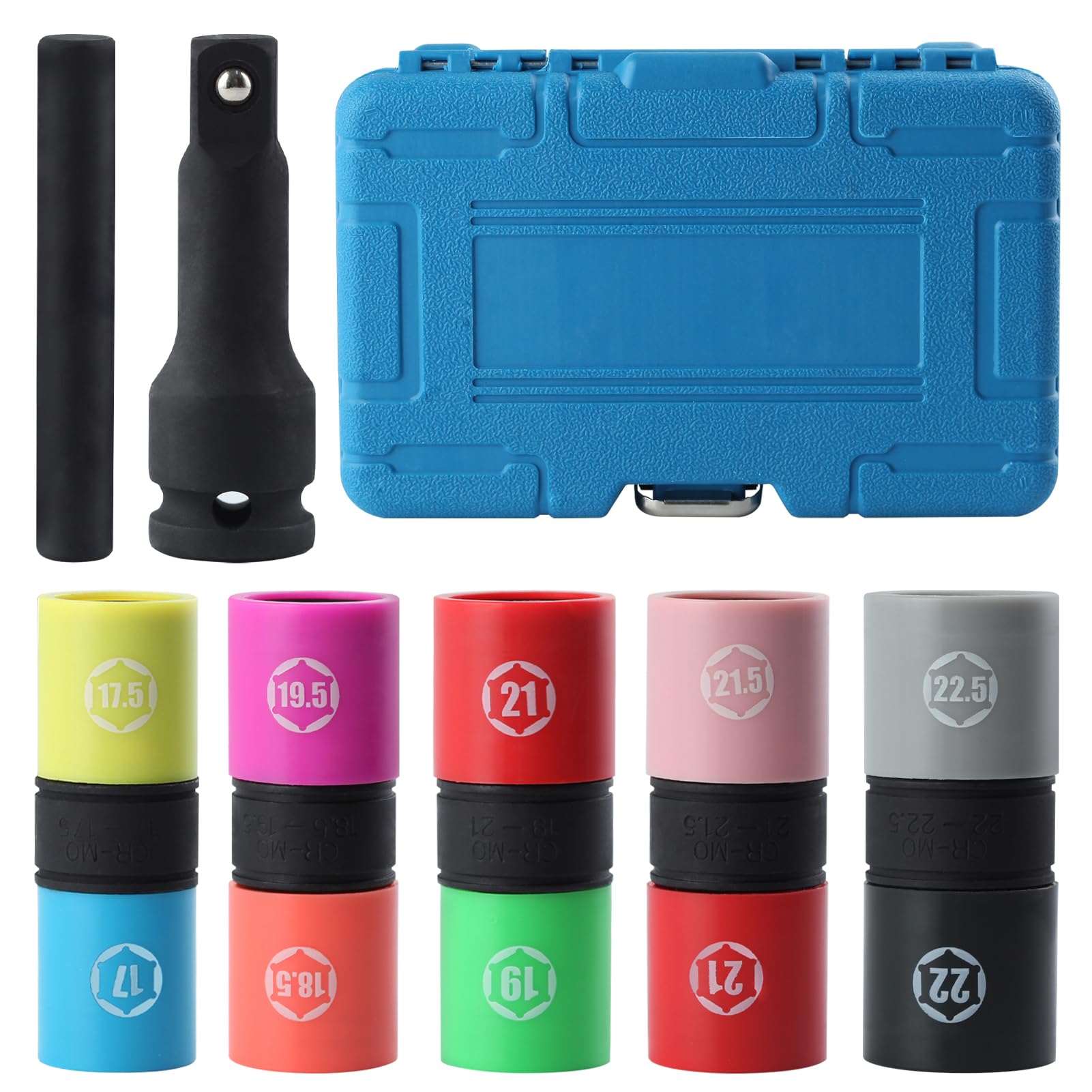 LEONTOOL 1/2 Inch Drive Impact Socket Set Metric 17-22.5mm Double Side Lug Nut Socket Set Impact Flip Socket Set 6-Point Thin Wall Socket Set Includes 3-Inch Impact Extension Bar and Knockout Bar