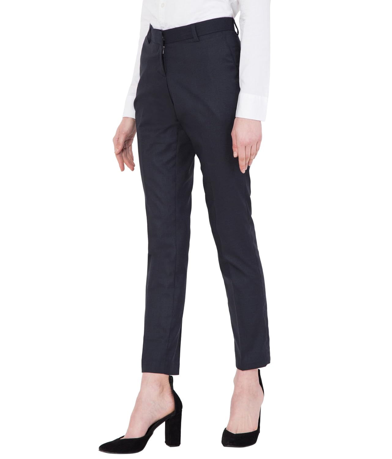 american-elm women's blue solid cotton stretchable office wear trouser
