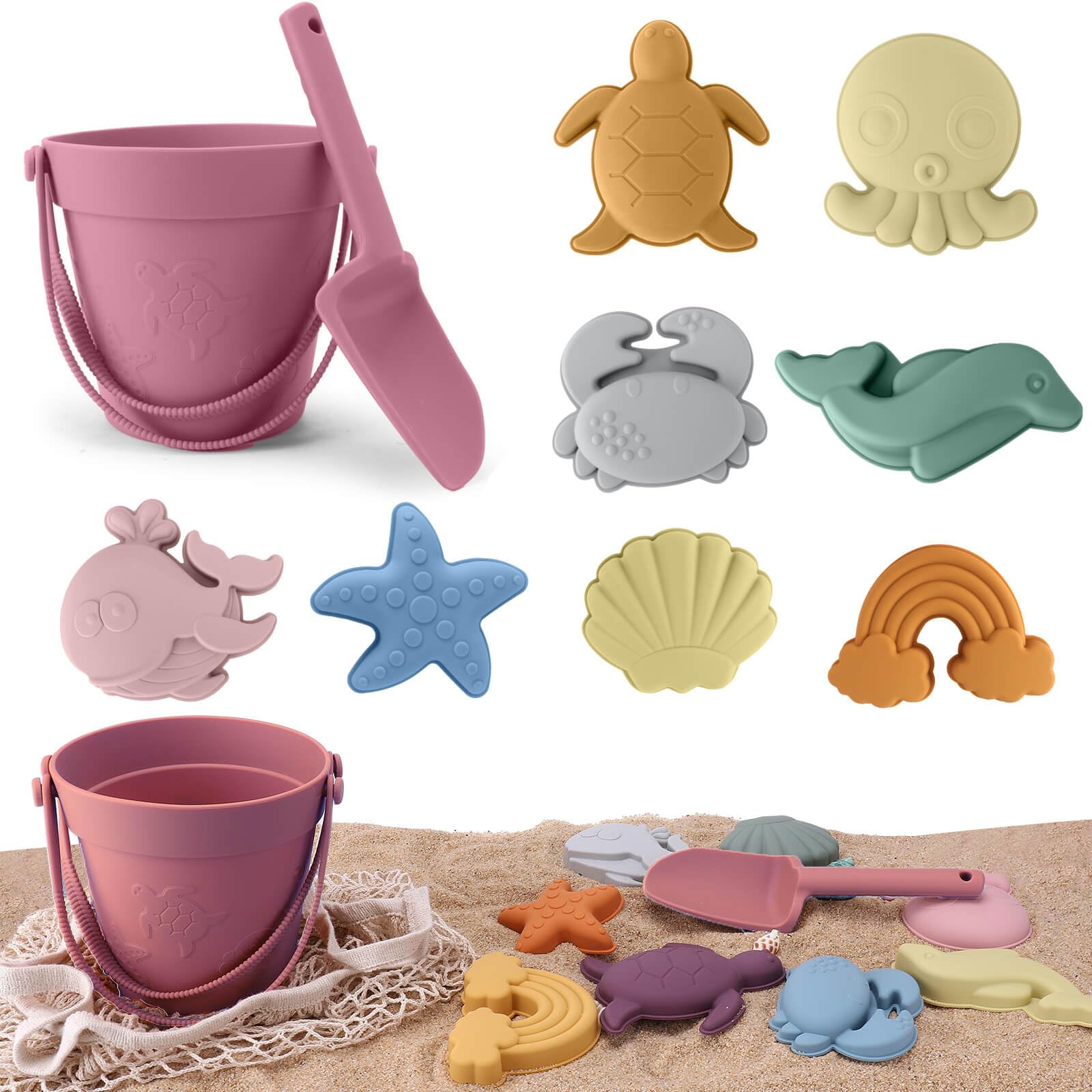 Photo 1 of 11Pcs Beach Toys Silicone Modern Baby Beach Toys with Beach Bag Travel Friendly Beach Set,Silicone Bucket, Shovel, 8 Sand Molds,Silicone Sand Toys for Toddlers, Kids (Pink)
