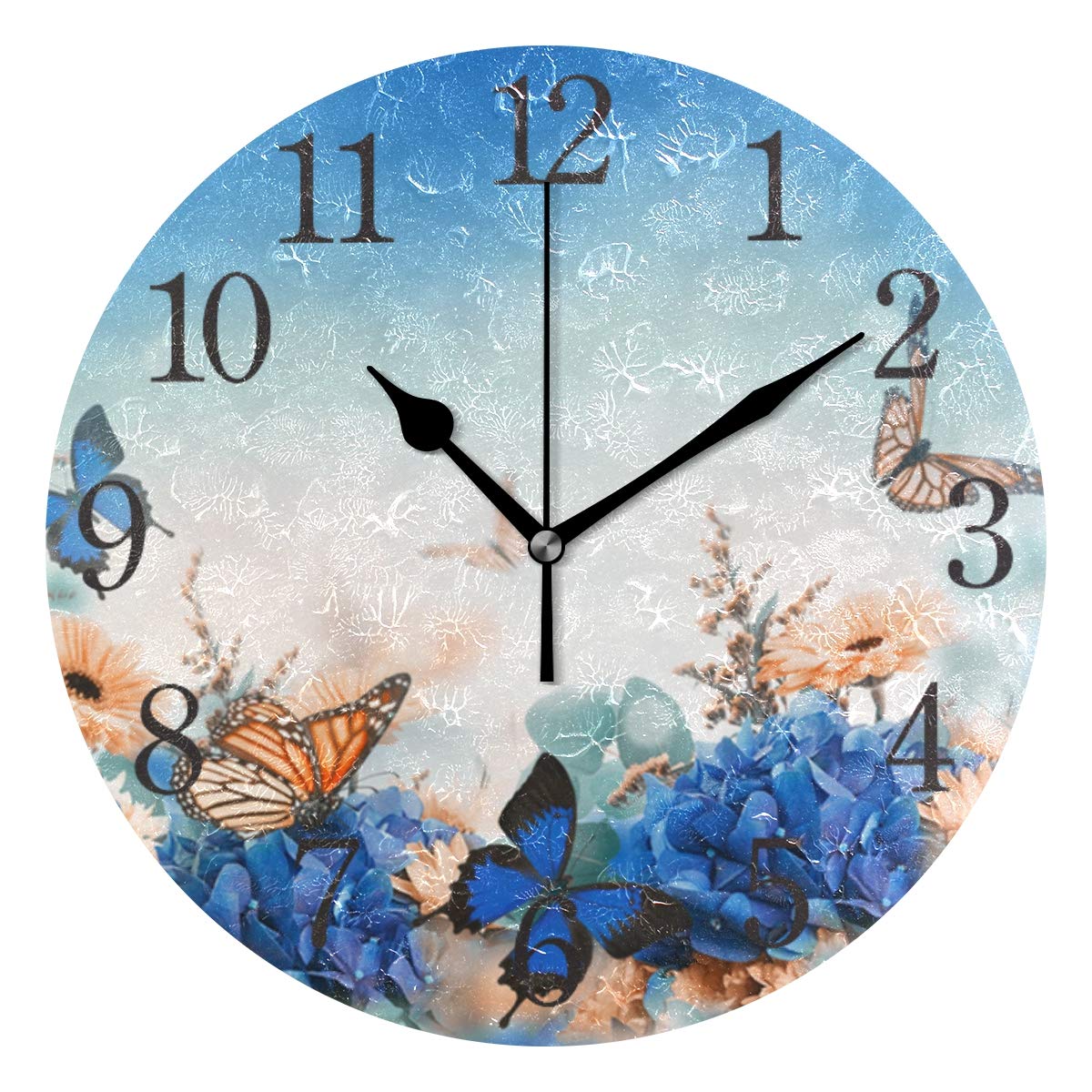 Butterfly Wall Clock Blue Flowers Decorative Haning Clock Silent Non Ticking Round Clock for Living Room Kitchen Bedroom