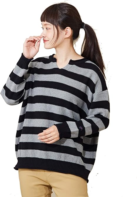 Amazon Cube Sugar キューブシュガー 綿ニット ボーダー バックスリット プルオーバー レディース Mサイズ ブラック トップグレー セーター 通販