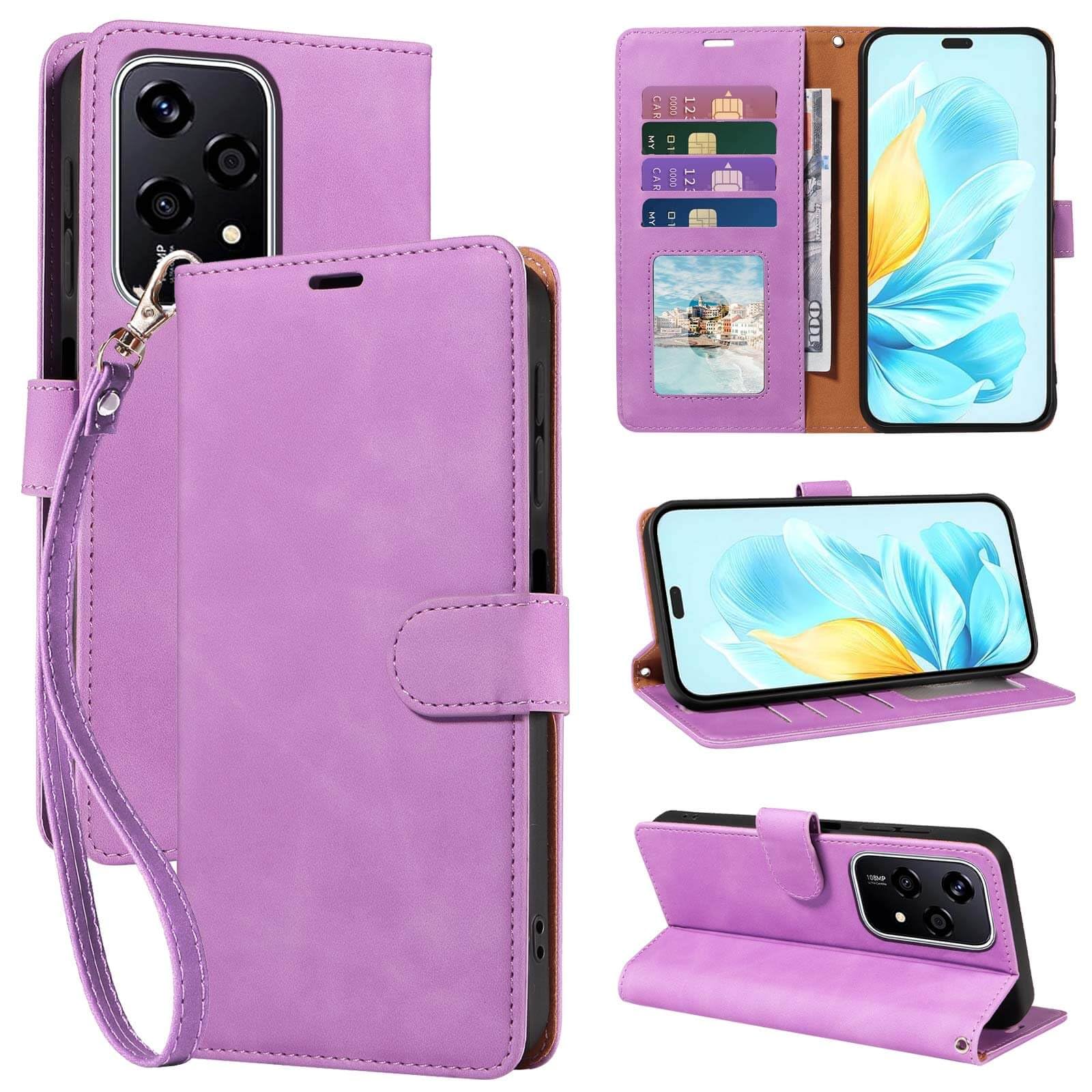 GOTOURED Wallet Phone Case for Honor 200 Lite 6.7 inch, [RFID Blocking 4 Card Slots] [Wrist Strap] [Kickstand] Magnetic Closure Shockproof Protective Soft Leather Flip Cover (Purple)