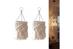 2pc Boho Hanging Macrame Lamp Shade, Crochet Pendant Light Cover Tassel Ceiling Chandelier Decor for Apartment Bathroom Dorm 