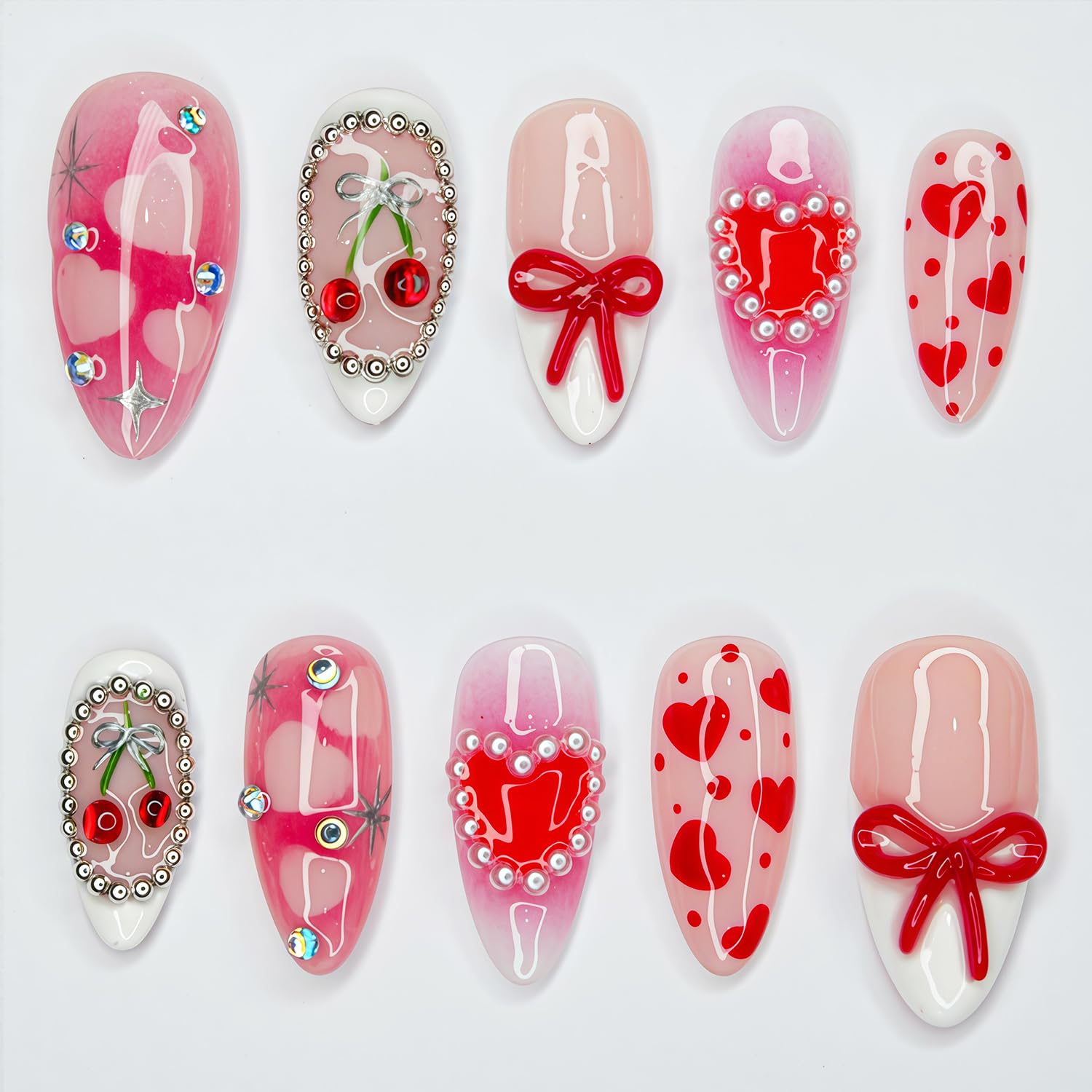 Photo 1 of 24Pcs Handmade Pink Valentines Press on Nails Medium Almond Fake Nails Gem Rhinestone Design Romantic Pearl Heart Glue on Nail Cute Valentines Nails Press on 3D Bow Cherry False Nail for Women