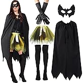 Jecery 5 Pcs Halloween Bat Costume for Women Adult Halloween Cosplay Accessories Include Black Cloak Gloves Socks Face Mask and Yellow Short Skirt for Birthday Party Supplies Drama Masquerade