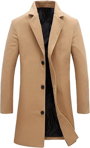Springrain Men's Wool Blend Pea Coat Notched Collar Single