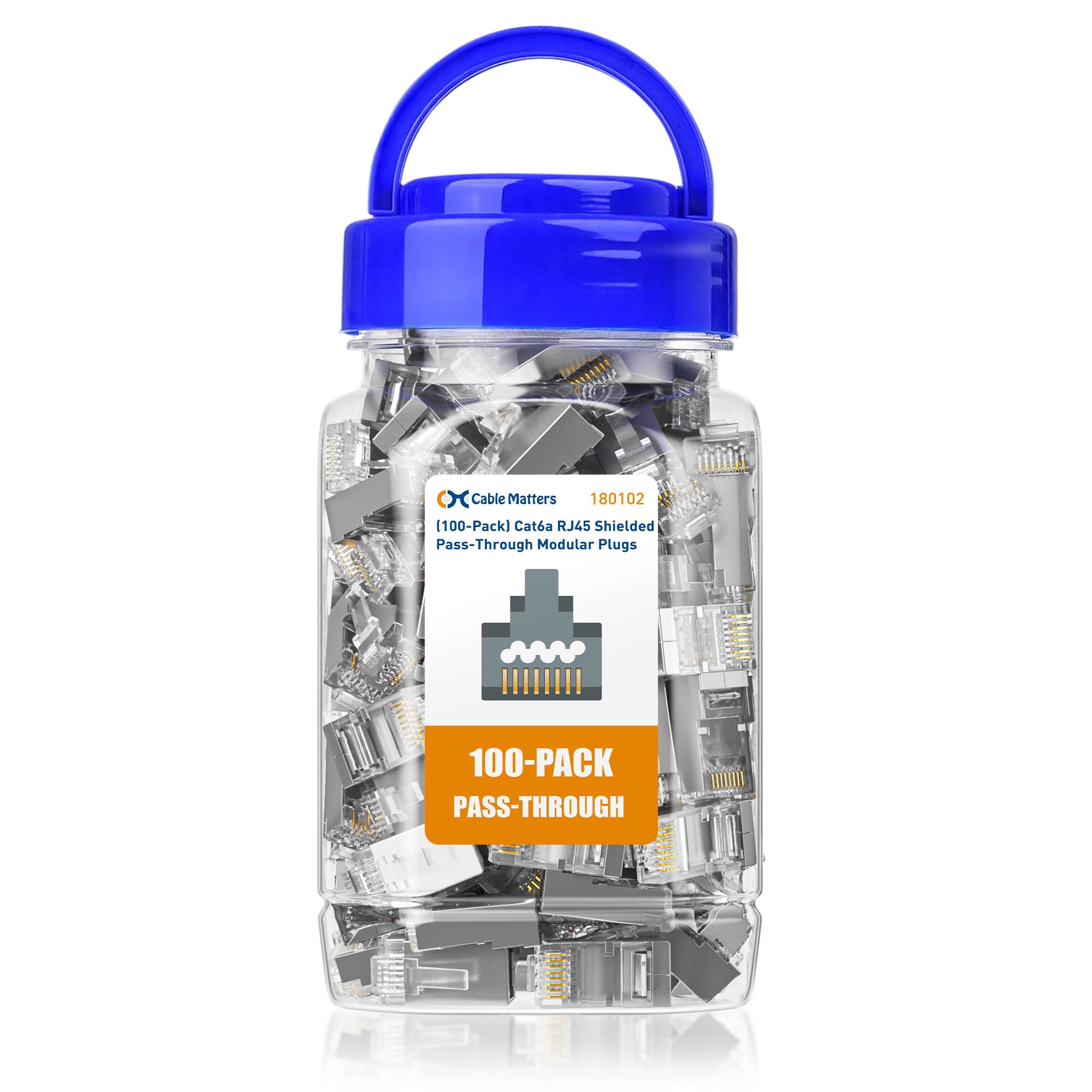 Cable Matters 100-Pack Cat 6A Shielded RJ45 Connector Pass Through (Cat 6A Ends / Cat6A Connector / RJ45 Modular Plugs/Ethernet Plugs/Network Coupler) for Solid or Stranded S/FTP Ethernet Cable — image 1