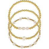 BXDA Gold Beaded Ball Stack Bracelets Set for Women, 3Pcs Trendy Boho Handmade Stackable Freshwater Pearl Beads stretch Bracelet Holiday Prom Jewelry Gift.