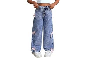 Godalithic Bow Jeans for Girls Wide Leg Kids Baggy Flare Denim Pants High Waisted Cute Clothes Y2k Outfits with Pockets 6-14Y
