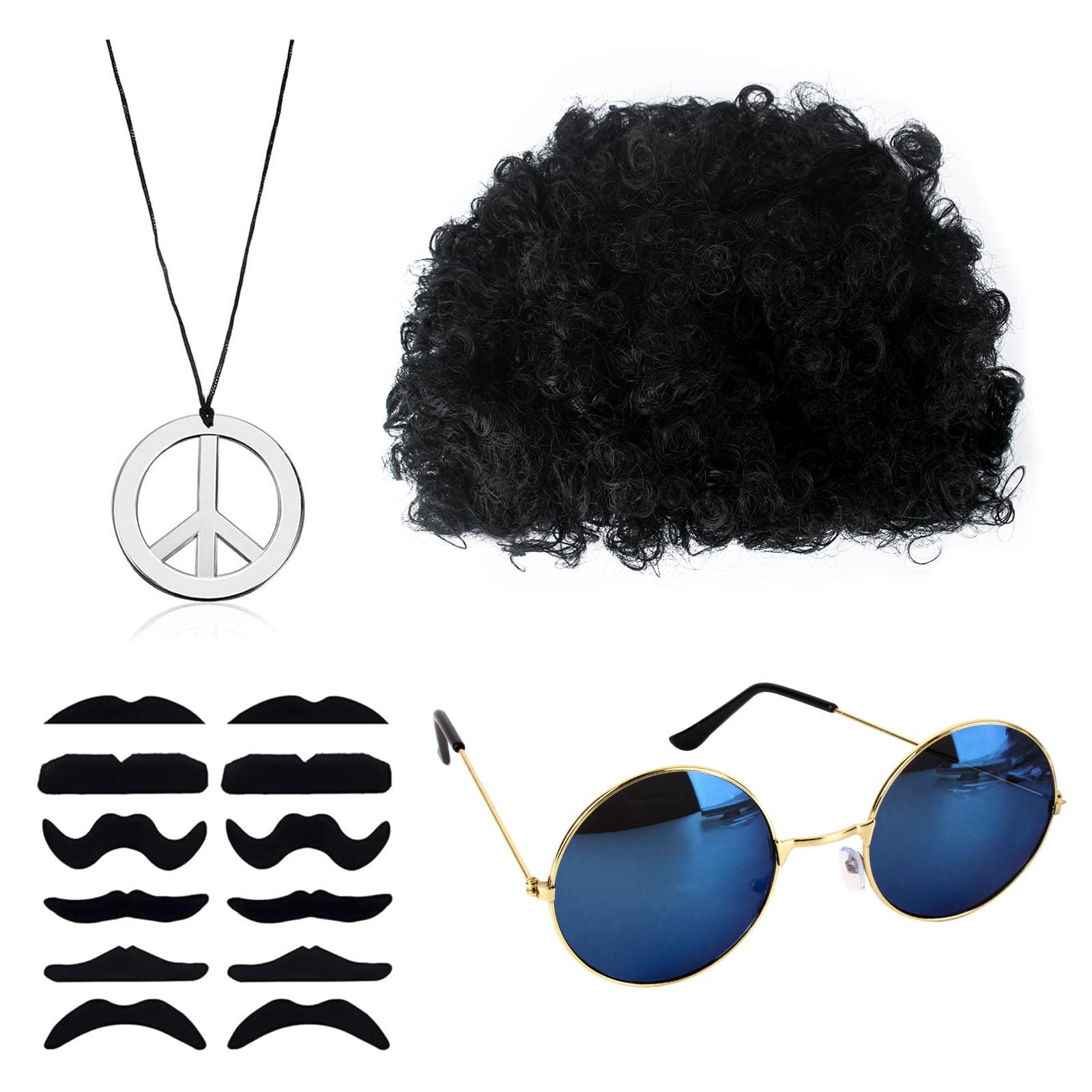 AWAVM Hippie Costume Set with Afro Wig Funky Accessories for 60s 70s Theme Party Mens Womens Fancy Dress Retro Disco Festivals Celebration