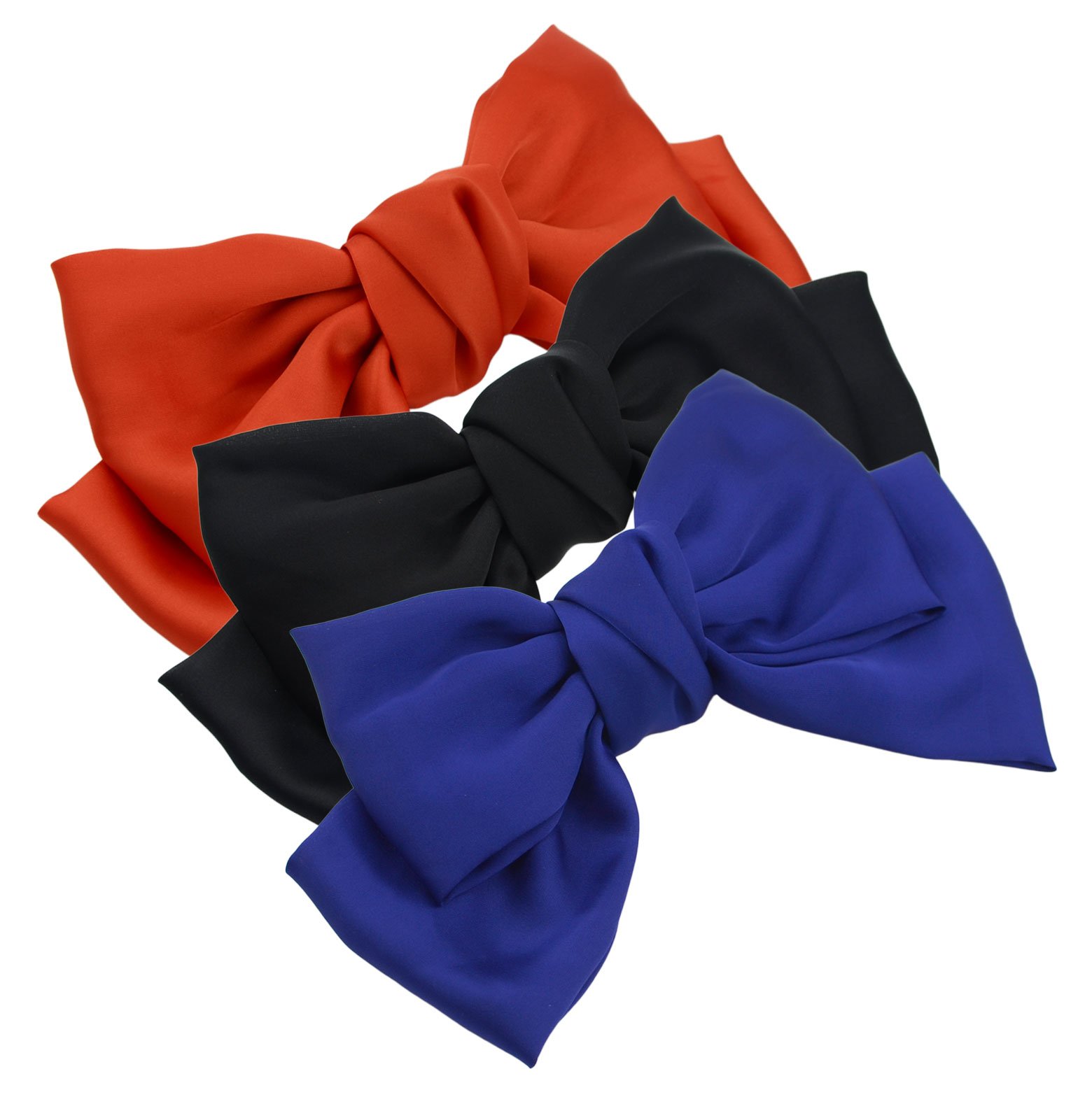 3-Pack Fashion Double-Deck Chiffon Large Solid Color Bowknot Hair Clip Women Girls Hair Bow Clip Accessories HC2175 (Black Orange and Deep Blue)