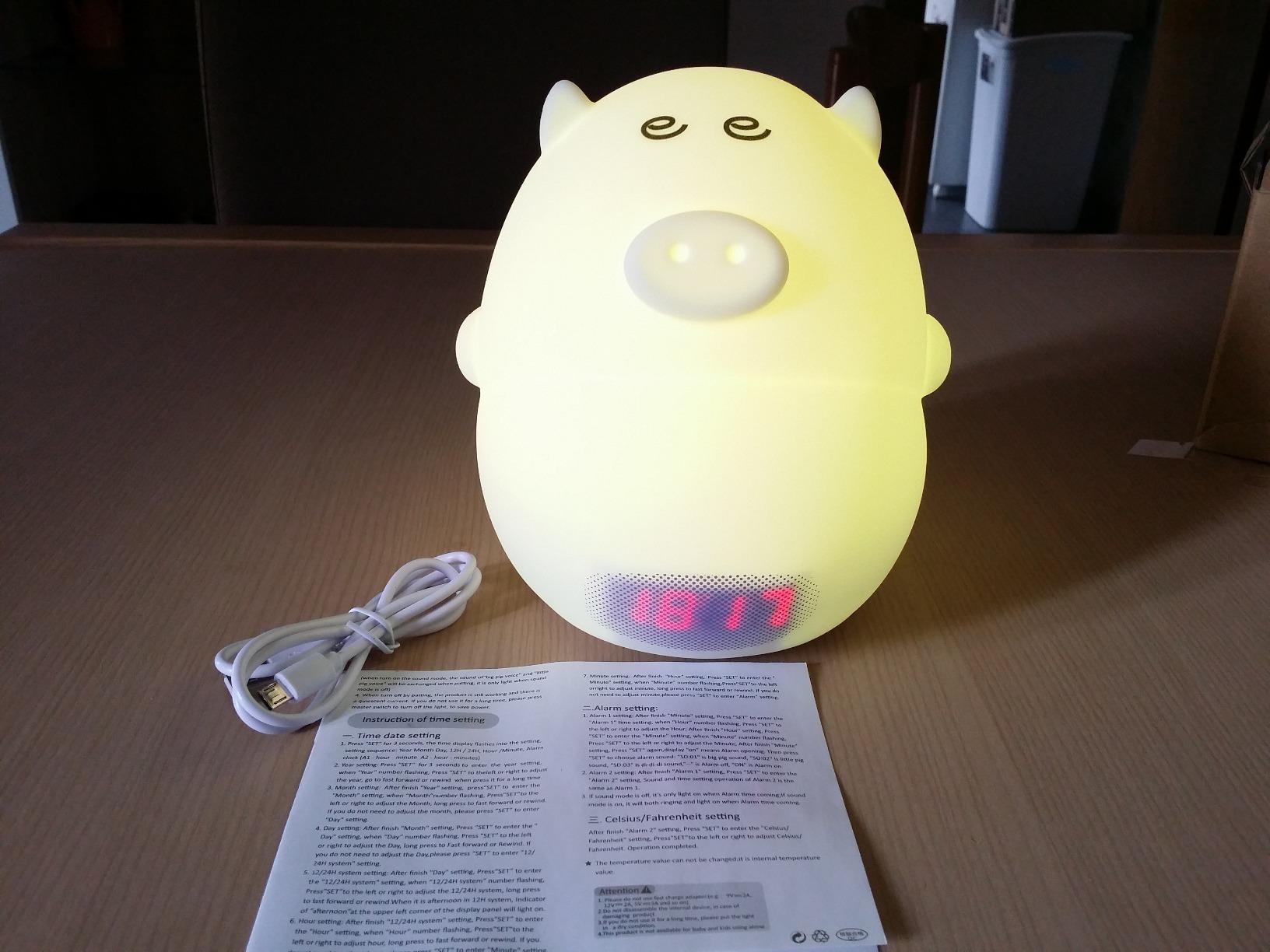 GLIME LED Alarm Clock Night Light Cute Pig USB Rechargeable Lamps for