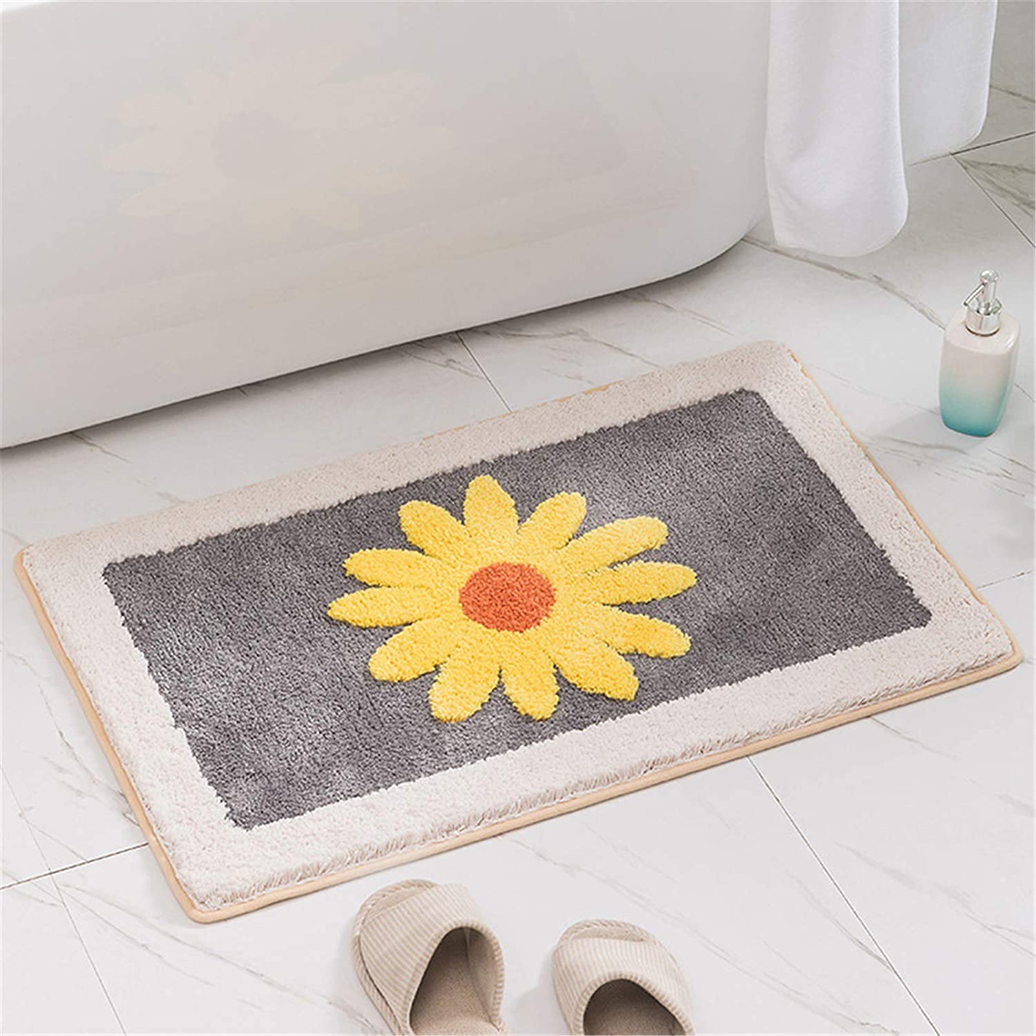 Skybook Non Slip Bath Mat Super Absorbent and Quick Dry Daisy Bathroom Mats Soft Microfiber Bathroom Rug Machine Washable Bathroom Floor Mats for Bathtub Bedroom Kitchen (Yellow Daisy_grey, 45x65cm)