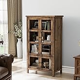 VINGLI Rustic Storage Cabinet with Glass Doors & Shelves, Showcase Display Cabinet with Cedar Wood Finish, Walnut