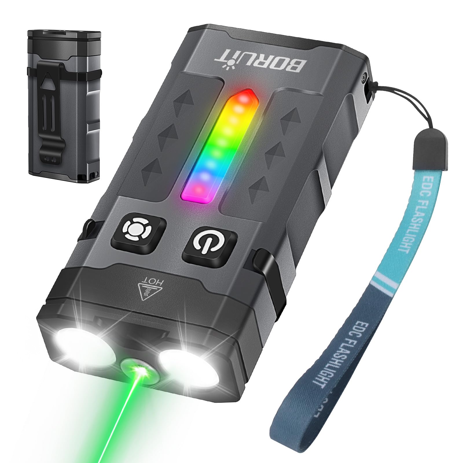 Photo 1 of BORUIT EV20L LED Rechargeable Small EDC Flashlight with Green Beam,Pocket Keychain Flashlights with RGB Side Light,IP66 Waterproof,Clip & Tail Magnet for Outdoors Emergency Camping,Aluminum Black