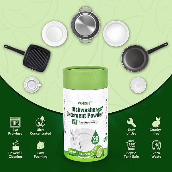POESIE DISHWASHER DETERGENT POWDER LEMON SCENT 50LOADS 1.1LBS ULTRA CONCENTRATED ZERO WASTE HOME DISH CLEANING POWDER DISH DETERGENT EFFICIENCY EASY TO USE