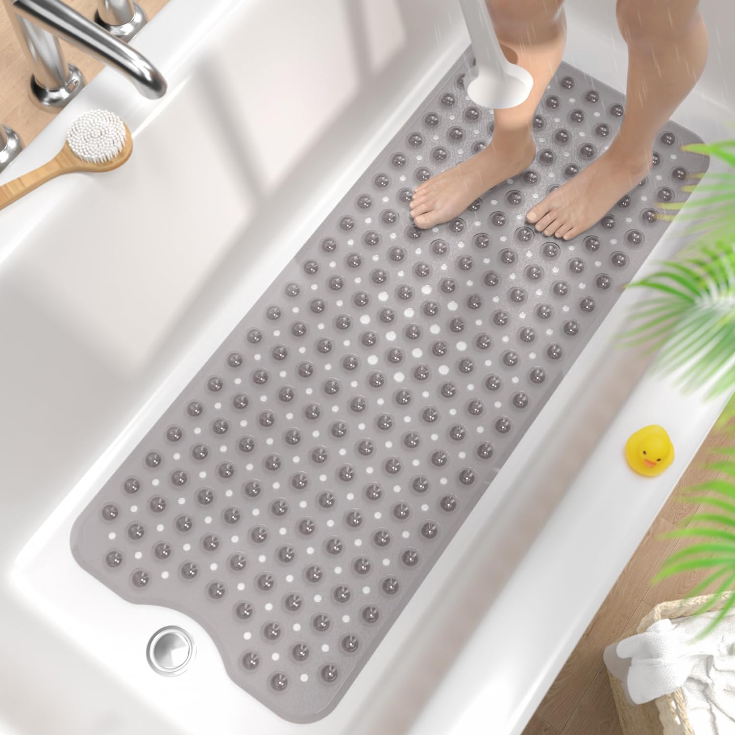 HITSLAM Non Slip Bath Mat for Tub, 101 x 40cm Extra Long Shower Mat Anti Mould, Machine Washable Bathroom Bathtub Mat with Suction Cups and Drain Holes, Soft on Feet, Clear Grey