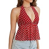 IQLWI Women's Polka Dot Halter Top Backless Y2k Crop V Neck Tie Up Peplum Going Out Tops
