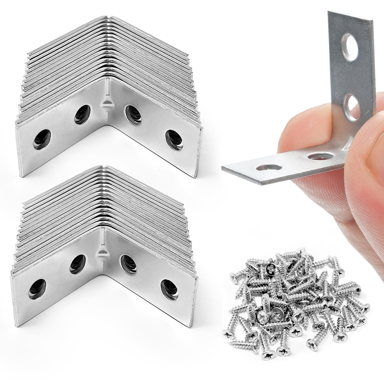 ZAVIA Angle Brackets Corner Bracket for Wood 32 Pcs | 25mm x 25mm x 13mm | Galvanised Steel Brackets with 128 Screws for Fixing and Repairing Furniture, Shelves, Windows and Cabinets