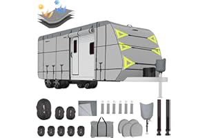 Plscoverit Travel Trailer RV Cover, 24'-26' Camper Cover, 900D Oxford Top Waterproof Rip-Resistant Anti-UV Motorhome Hauler Cover with Zipper Door, Wind Straps, 4 Tire Covers and Gutter Covers