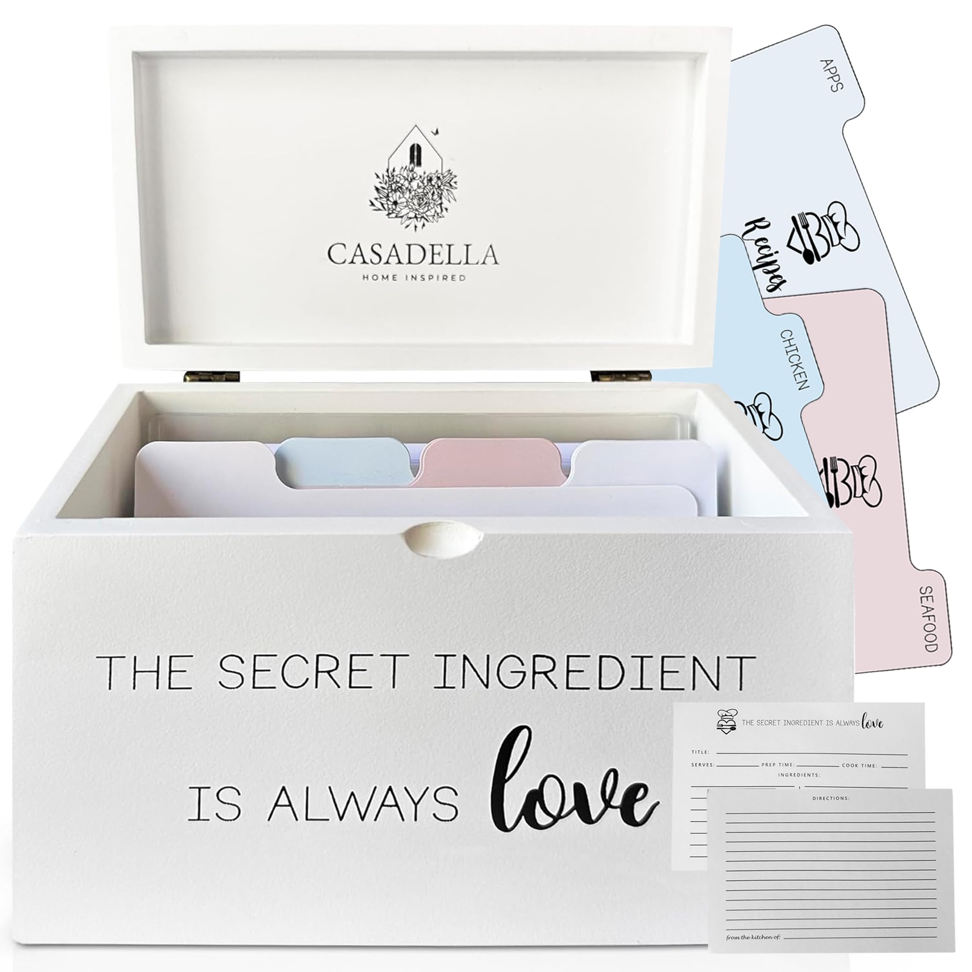 Photo 1 of CASADELLA Recipe Box with Cards and Dividers, Minimalist Recipe Cards and Box Set, Wooden Recipe Card Box with 70 Recipe Cards 4x6 and 16 Dividers