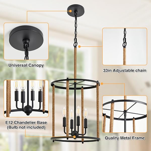 LUVKCZC 4 LIGHT CHANDELIER,FARMHOUSE CEILING LIGHT BLACK LANTERN LIGHT FIXTURES WITH ROPES CAGE ADJUSTABLE HEIGHT RUSTIC HANGING LIGHT E12 BASE FOR KITCHEN ISLAND, DINING ROOM, LIVING ROOM,ENTRYWAY
