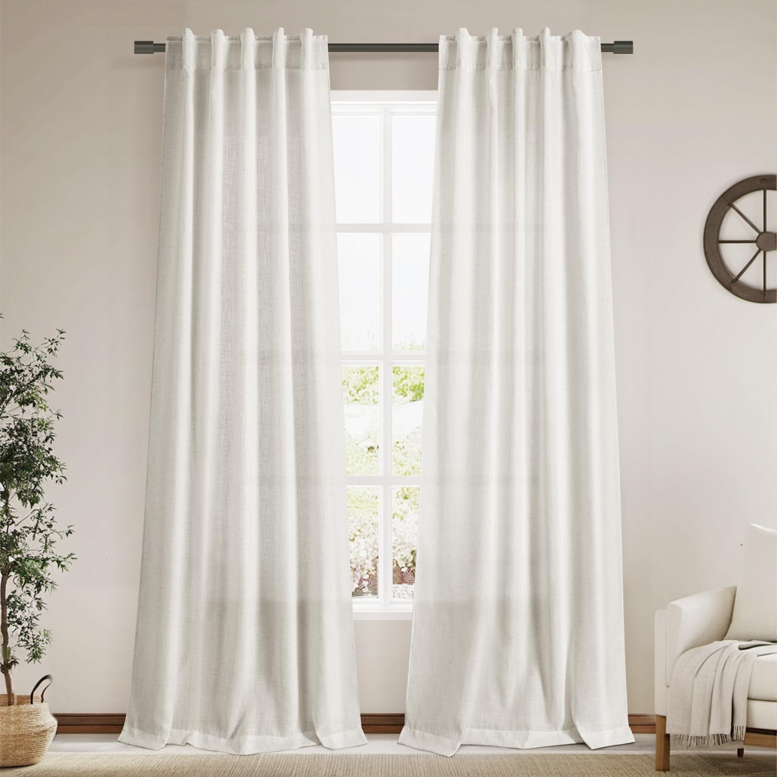 Photo 1 of Cream Semi Sheer Linen Curtains 102 Inch Long Curtains Back Tab Rod Pocket 2 Panels Set Natural Elegant Living Room Decor Sunlight Filtering Solid Color Drapes for High Window 40x102