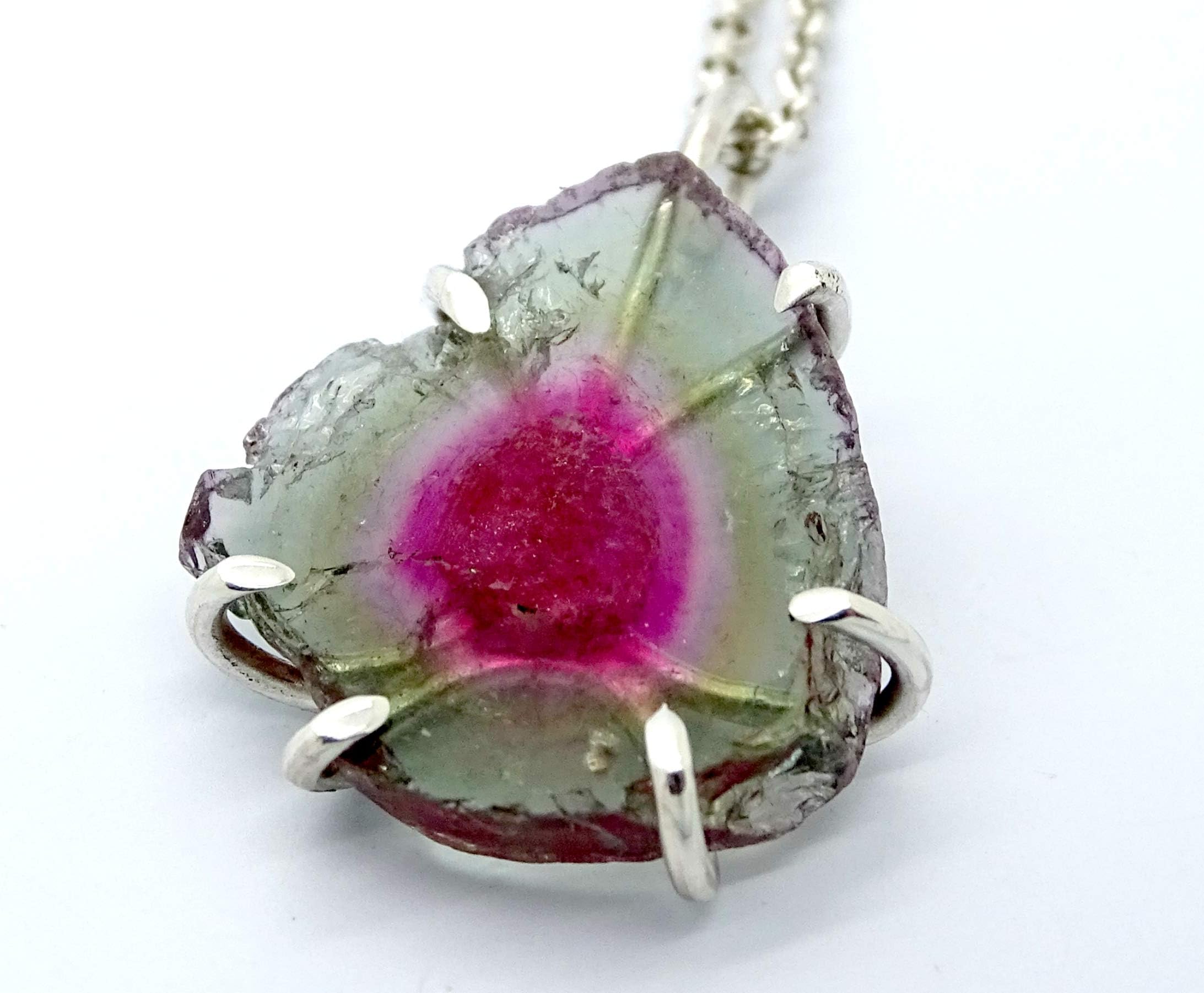 pink tourmaline slice pendant silver, bi-color tourmaline crystal necklace for women, elbaite tourmaline pendant, birthstone gift for her