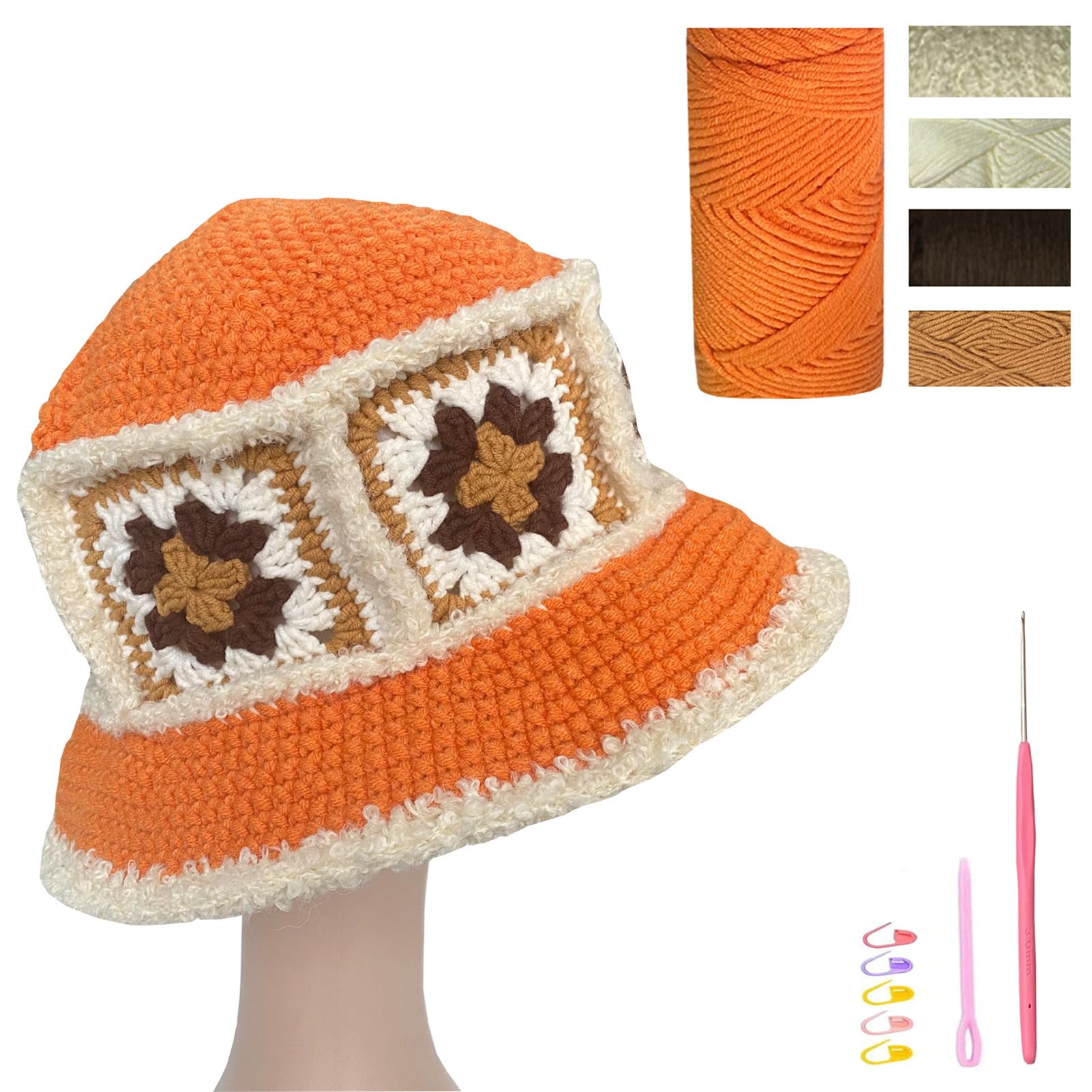 LEEJOPO Fisherman Hat Crochet Kit for Beginners Crochet Kit with Step-by-Step Videos Tutorials Beginner Knitting Fisherman Hat Kit for Adults Easy Starter Yarn Kits for Crocheting (Orange Red)