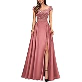 Miusol Women's Elegant V-Neck Sequin Lace Contrast Satin Split Bridesmaid Maxi Dress